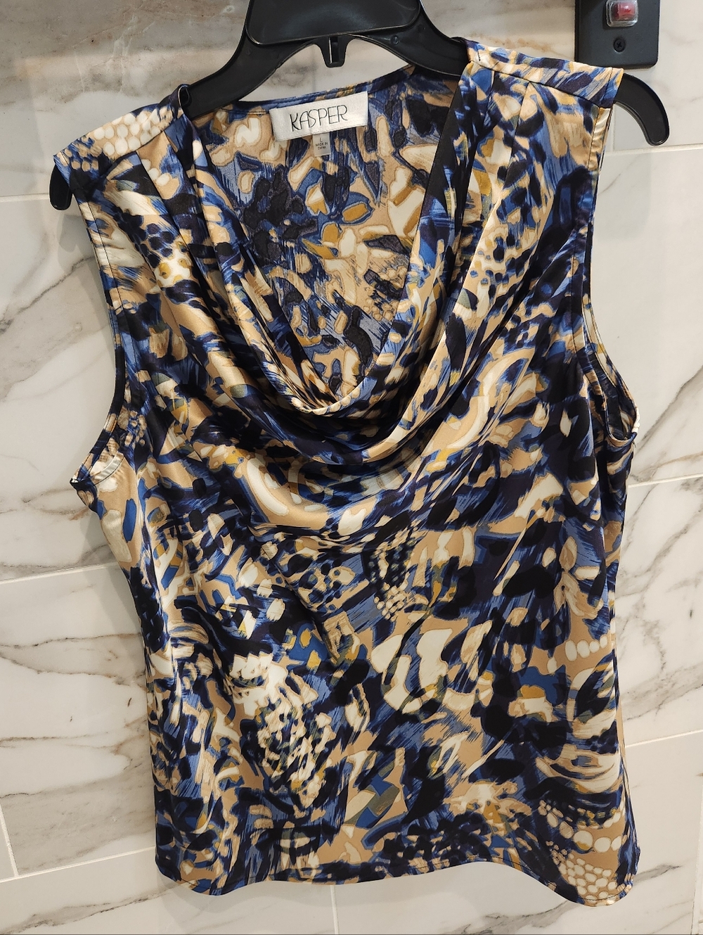 Kasper Sleeveless Cowl Neck Sleeveless Top in Blue & Tan Print